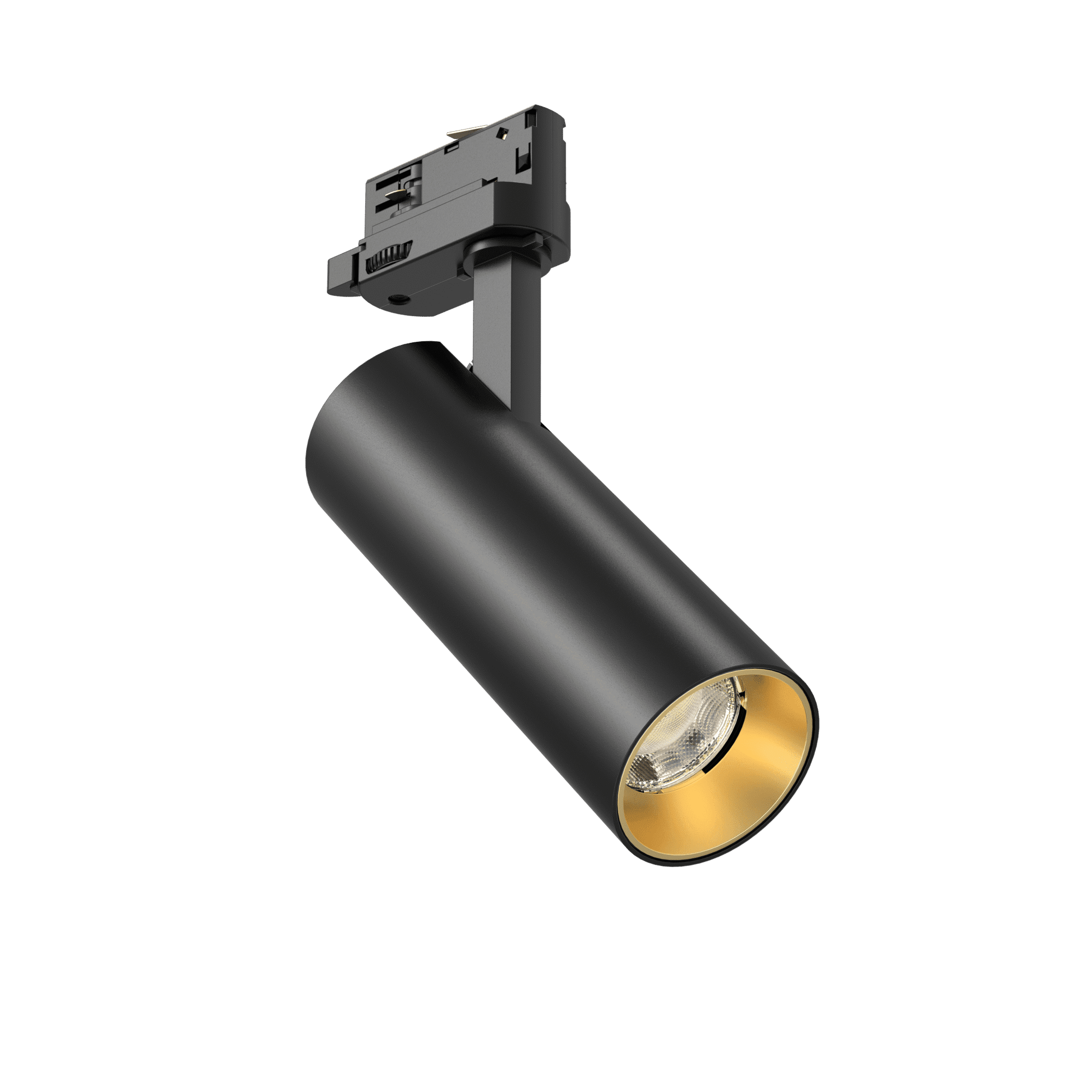 Black LED track light with gold reflector, adjustable spotlight for retail and commercial lighting